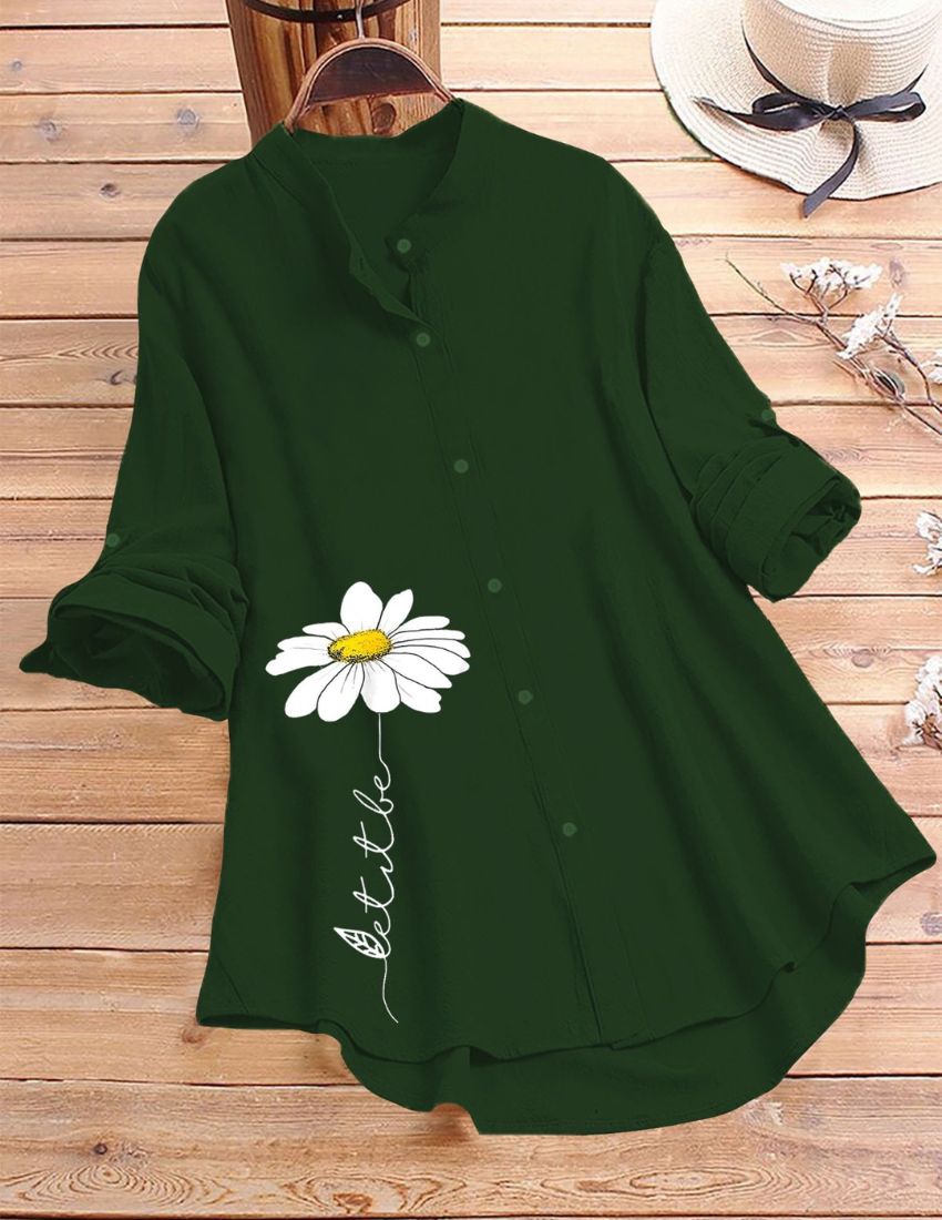 White Daisy Flower Printed Top - Dark Green