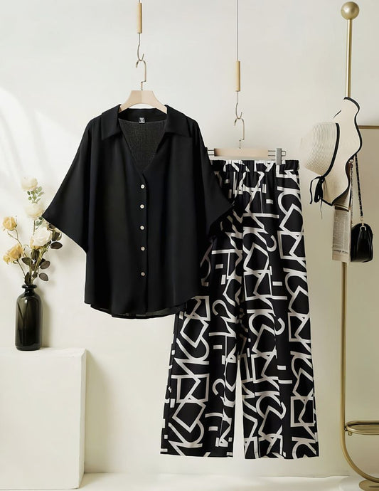 Elegant Black-Colored Top with Graphic Palazzo Set